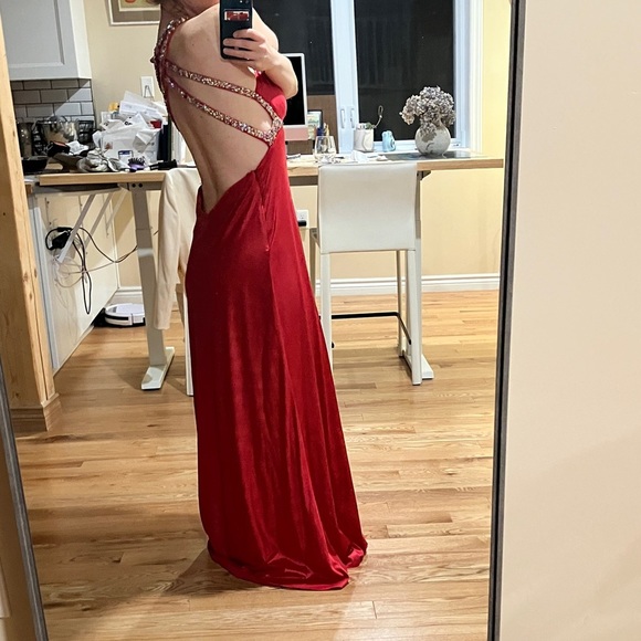 La  Femme coral crystal crossed straps back slit dress - Picture 7 of 10